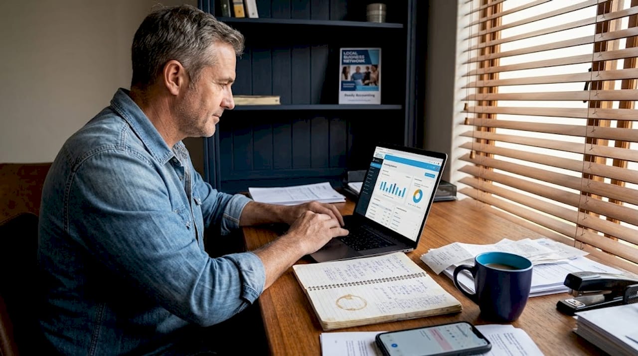 Business owner at accounting desk with laptop