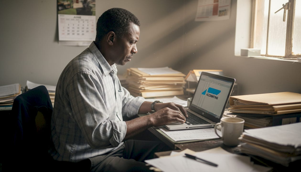 Bookkeeper entering numbers at office desk