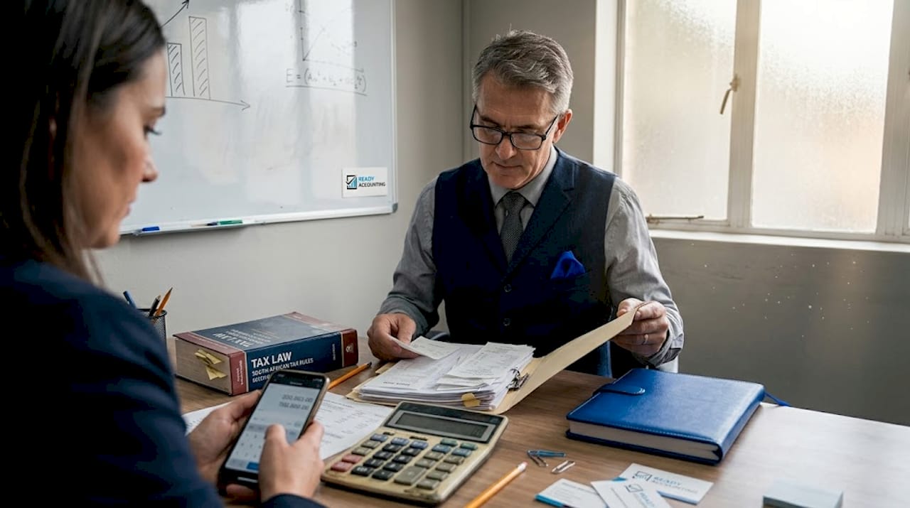 Accountant and client reviewing tax receipts