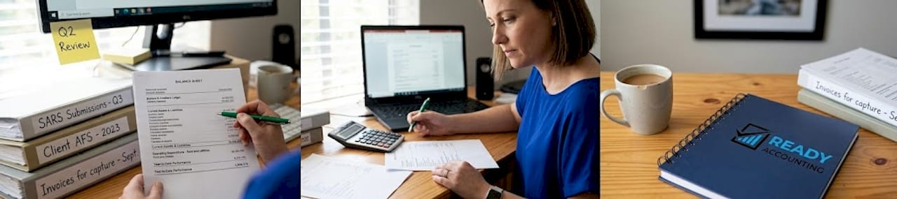 Business owner reading a balance sheet at desk