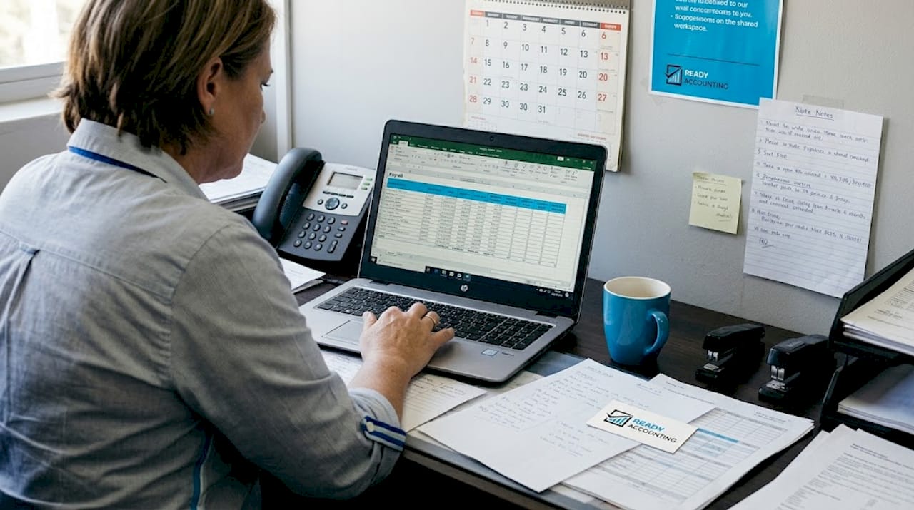Business owner reviewing payroll in shared office