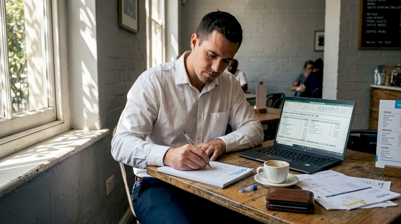 Businessman reviewing financial ratios in café setting