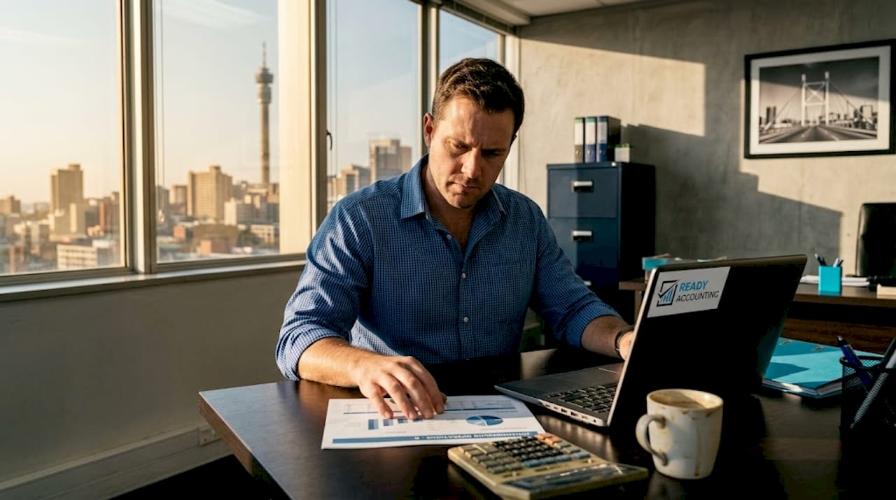 SME owner reviewing budget documents at desk