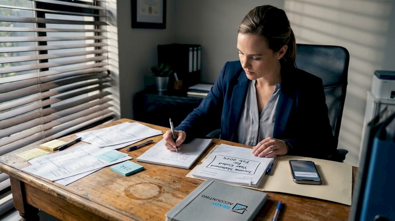 Accountant recalculating income statement in home office