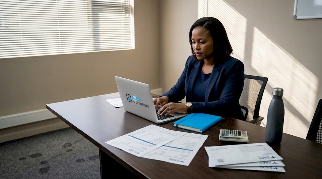 South African SME owner reviewing tax in office