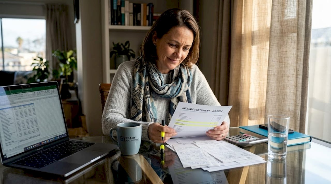 SME owner reviewing income statement at table