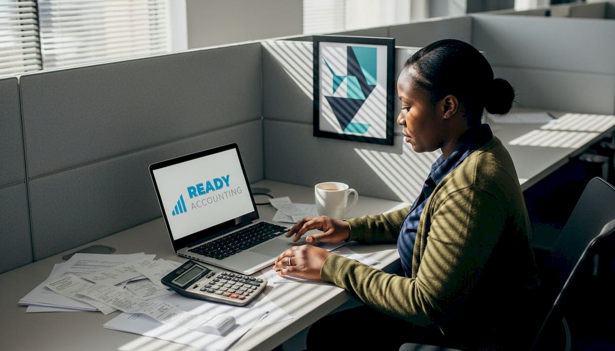 Bookkeeper working at busy desk with receipts