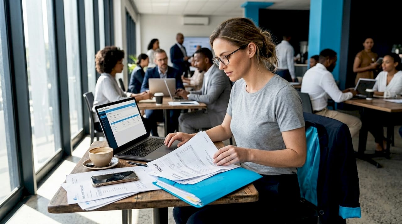 SME owner managing payroll at coworking space