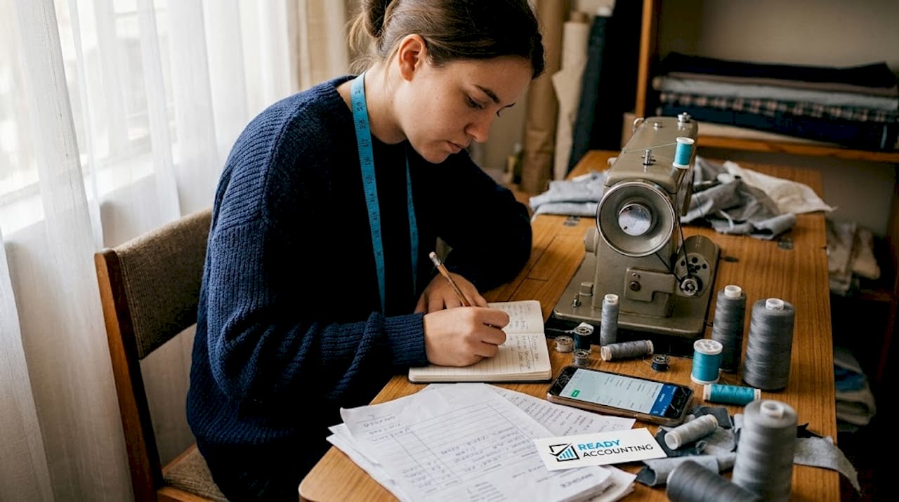 Small business owner updating expense records at home