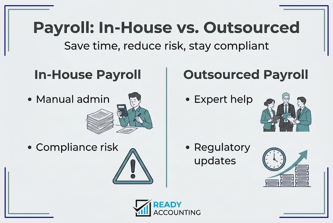 Infographic comparing in-house and outsourced payroll