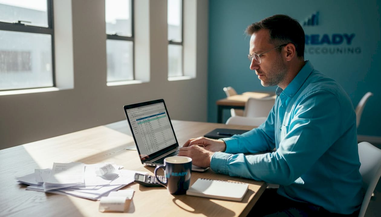 Business owner working on accounting spreadsheets