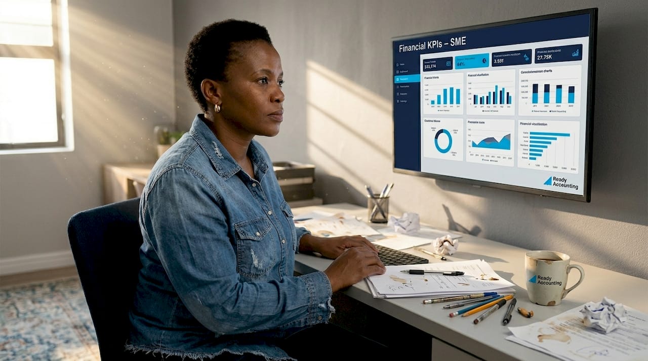 SME owner checking financial KPI dashboard