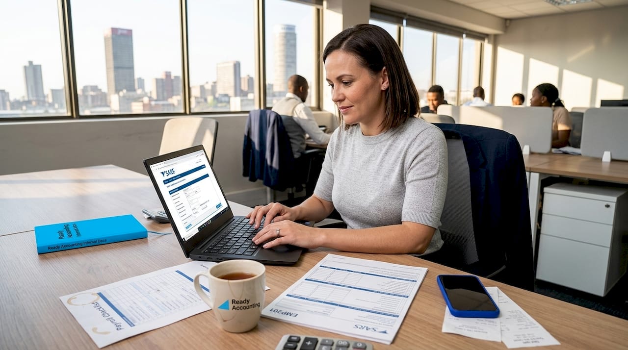 Payroll manager reviews EMP201 forms in office