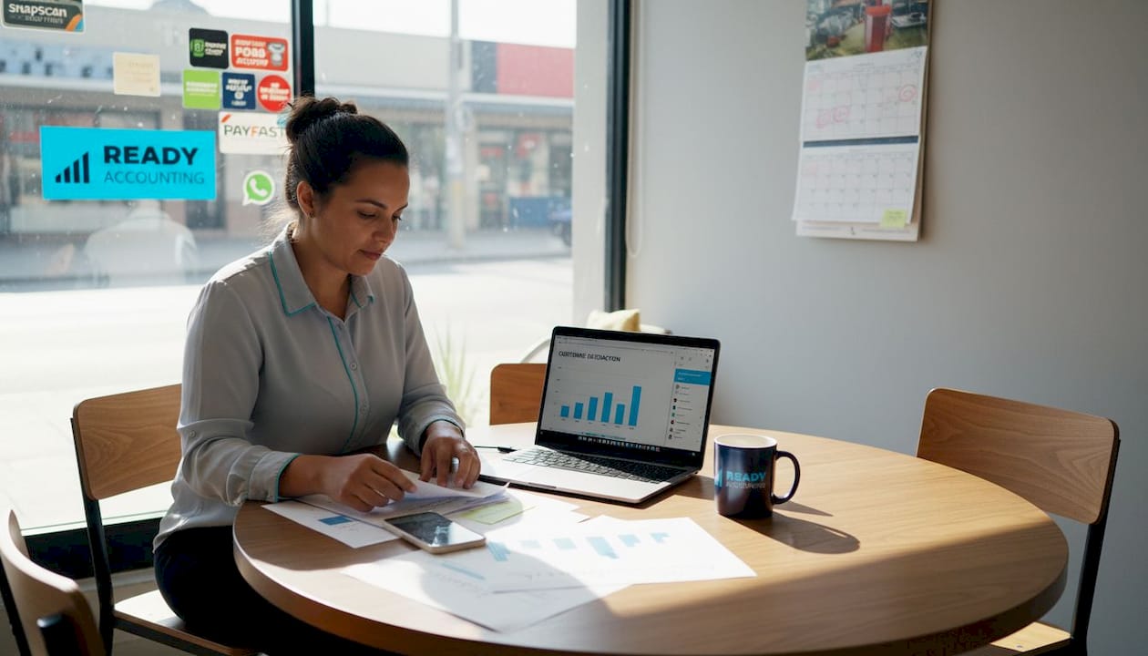 Business owner reviewing customer feedback in office