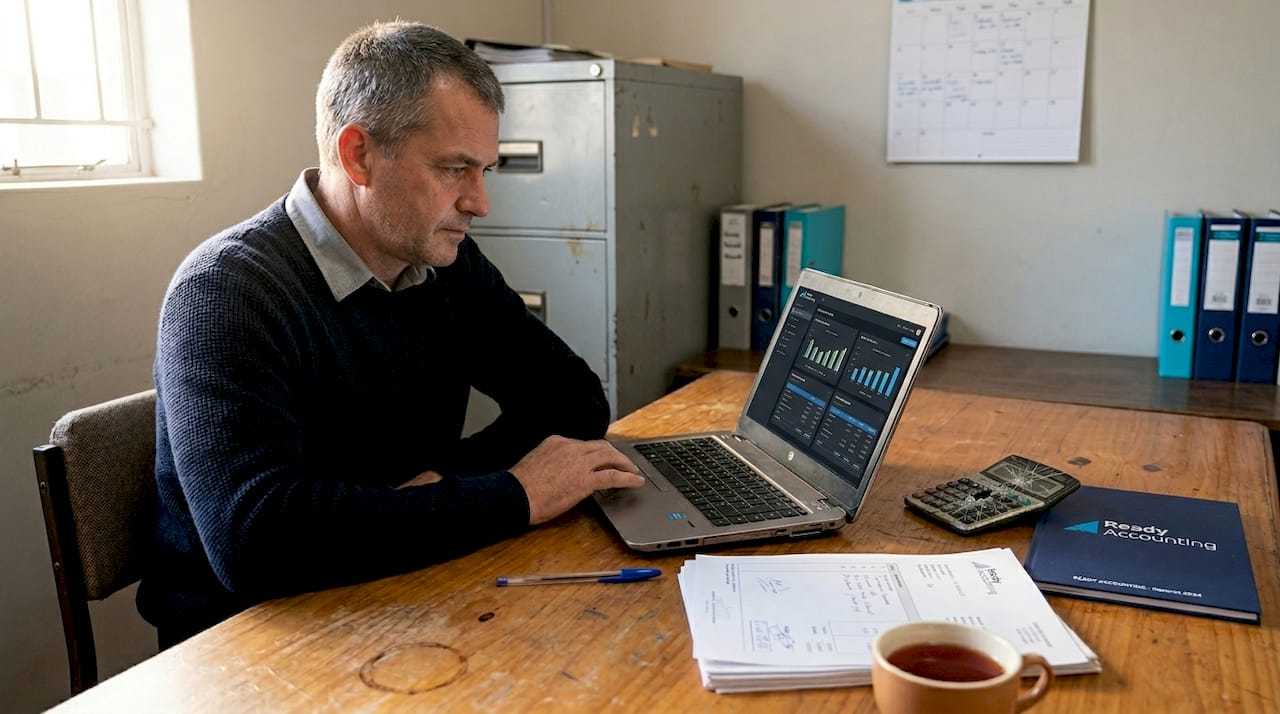 South African SME owner reviewing cash flow spreadsheet
