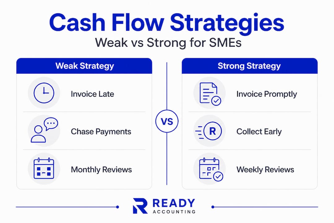 Infographic comparing strong and weak cash flow strategies