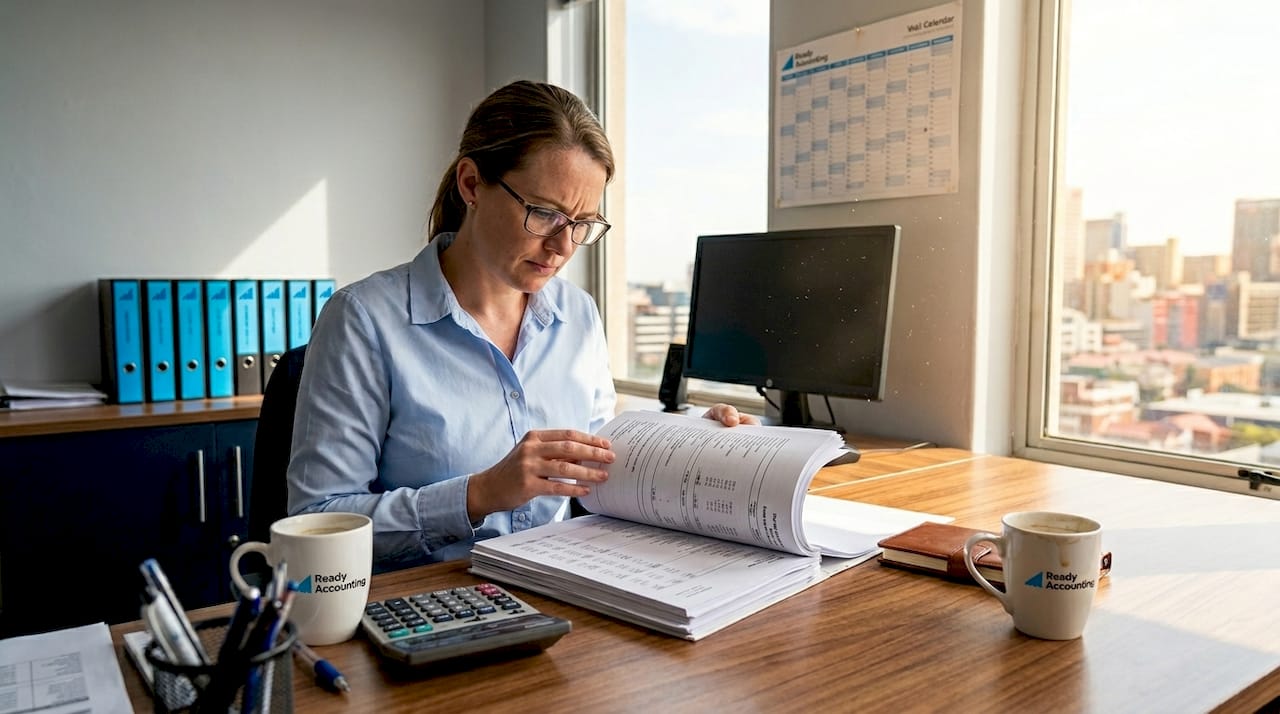 Auditor checking statements in corner office