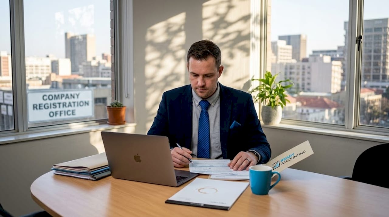 Businessman reviewing South Africa company documents