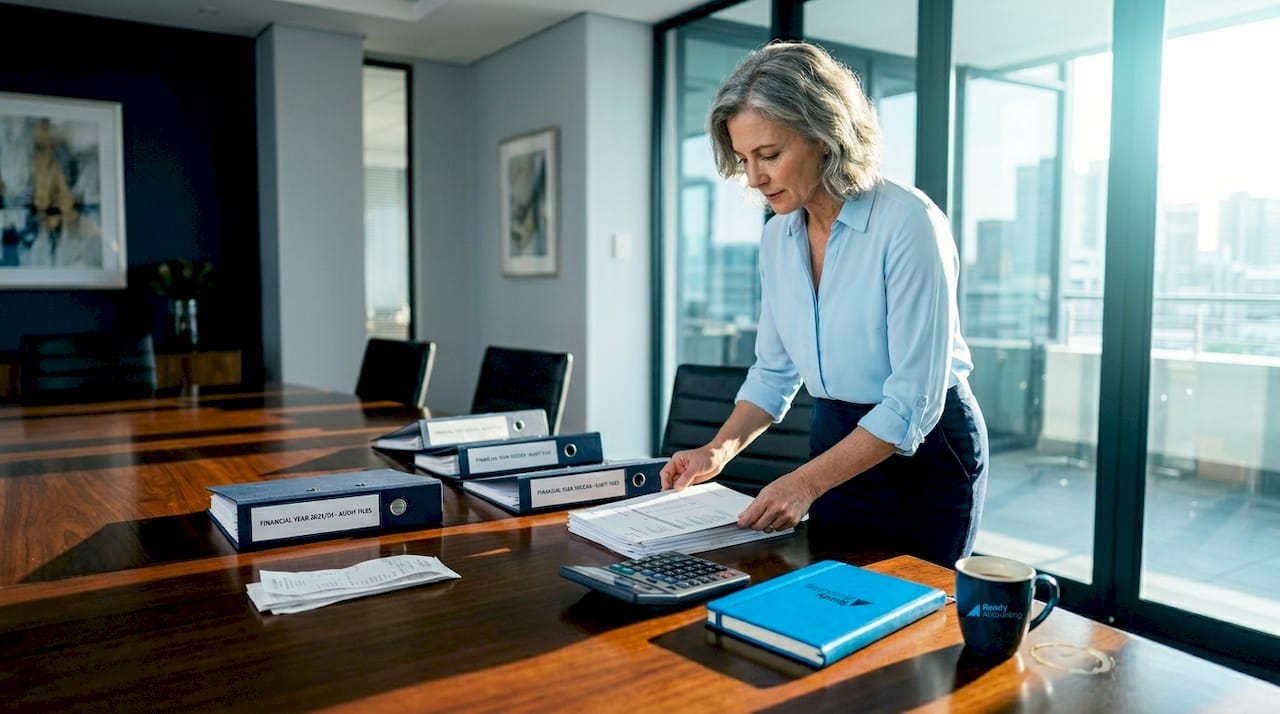 Accountant preparing audit files boardroom
