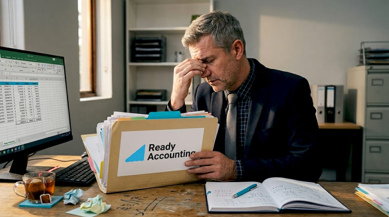 Manager correcting expense bookkeeping mistakes at desk