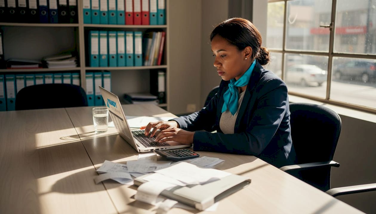 SME owner managing expenses at cluttered office table