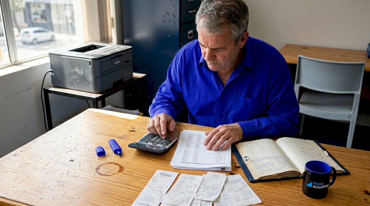 Man using calculator at cluttered business desk