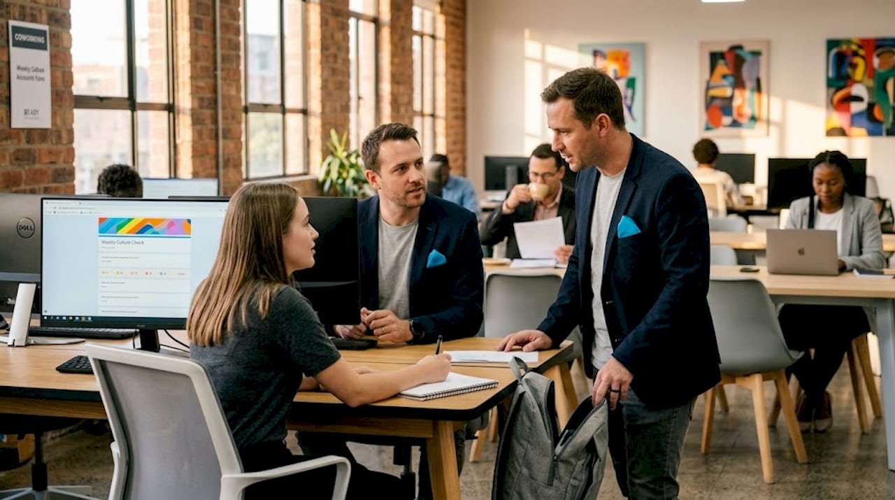Manager giving feedback in open workspace