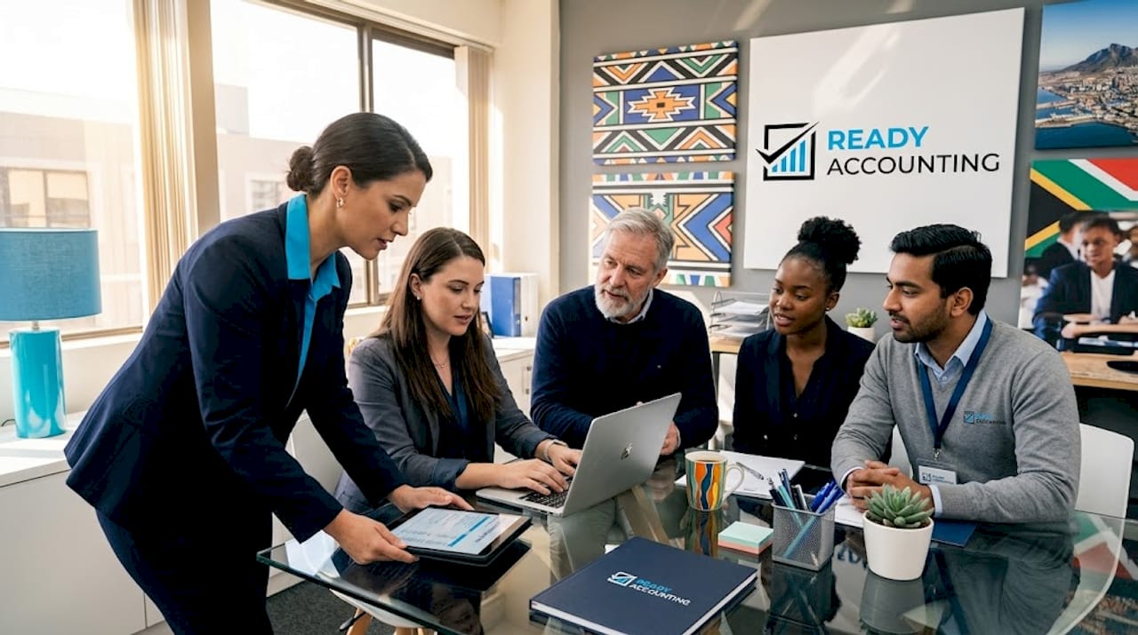 Diverse team collaborating in corner office