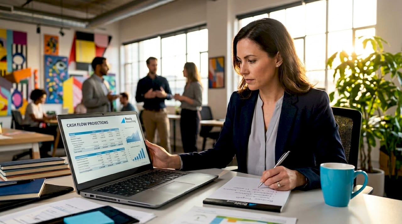 Business owner reviewing laptop in coworking space