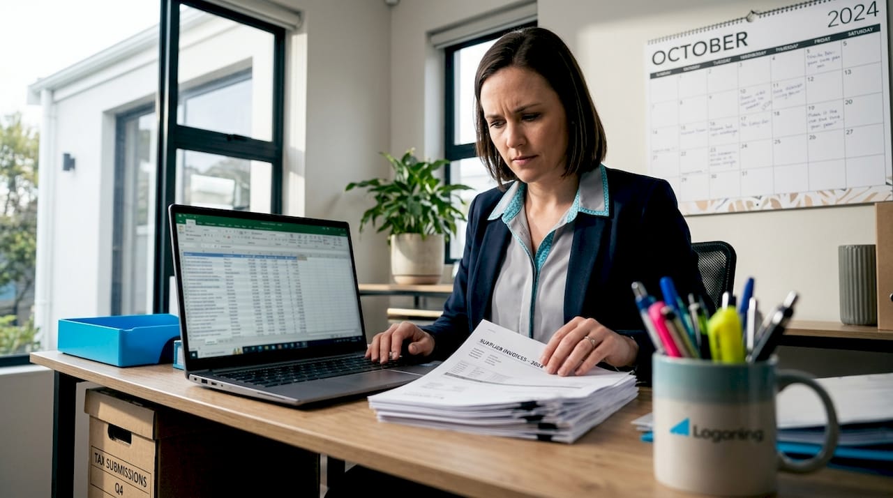 Business owner checks accounts payable at her desk