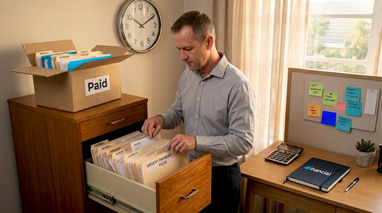 Finance manager sorting supplier invoices in office