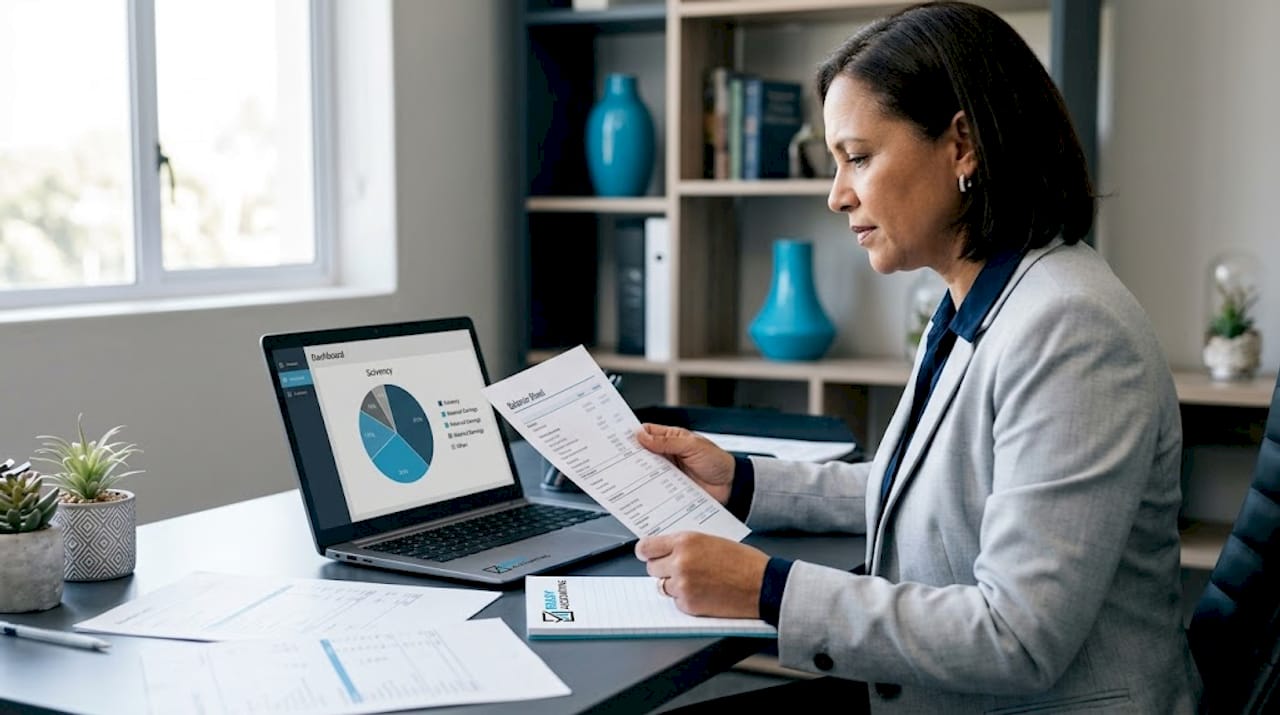 SME owner reviewing solvency documents in office