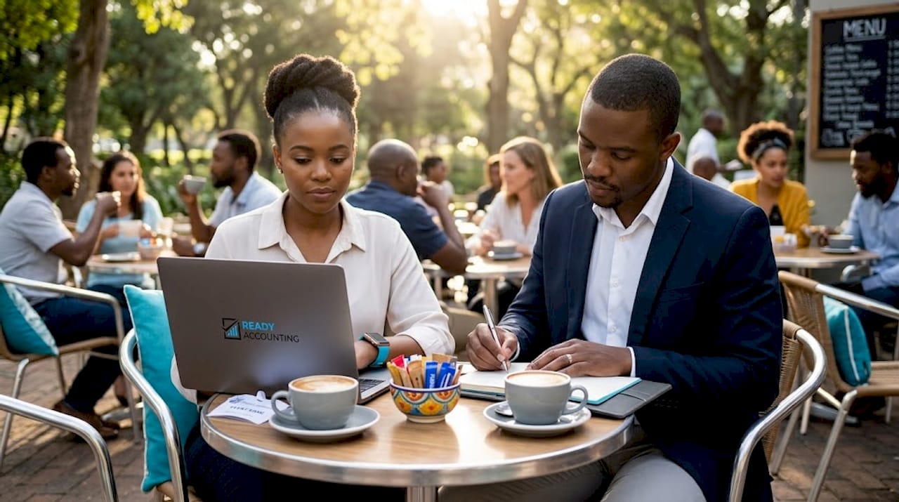 Two South African professionals networking over coffee