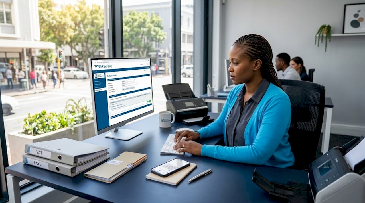 Business owner uploading VAT documents in office