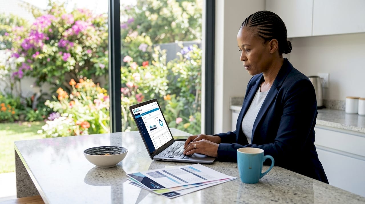 Woman updating business records at kitchen table