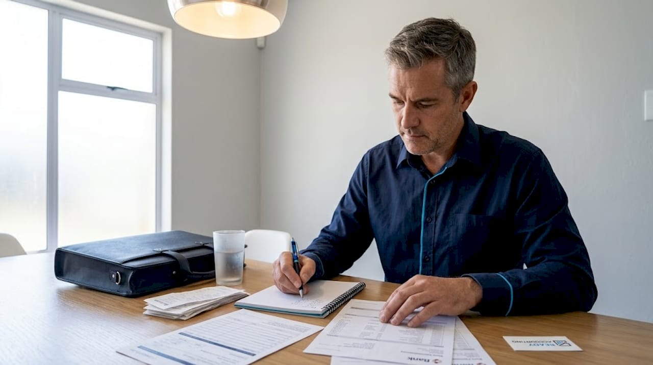 Business owner reviewing finances at home