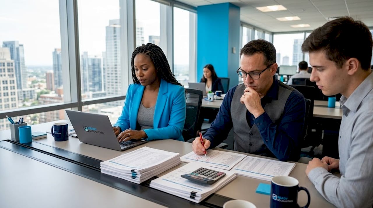 Accountant team collaborating in open office