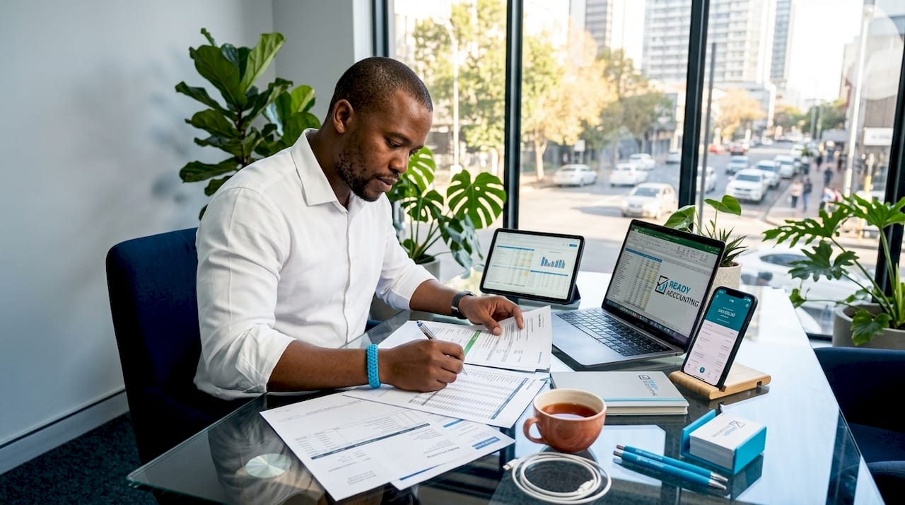 Business owner reviewing accounts on multiple devices
