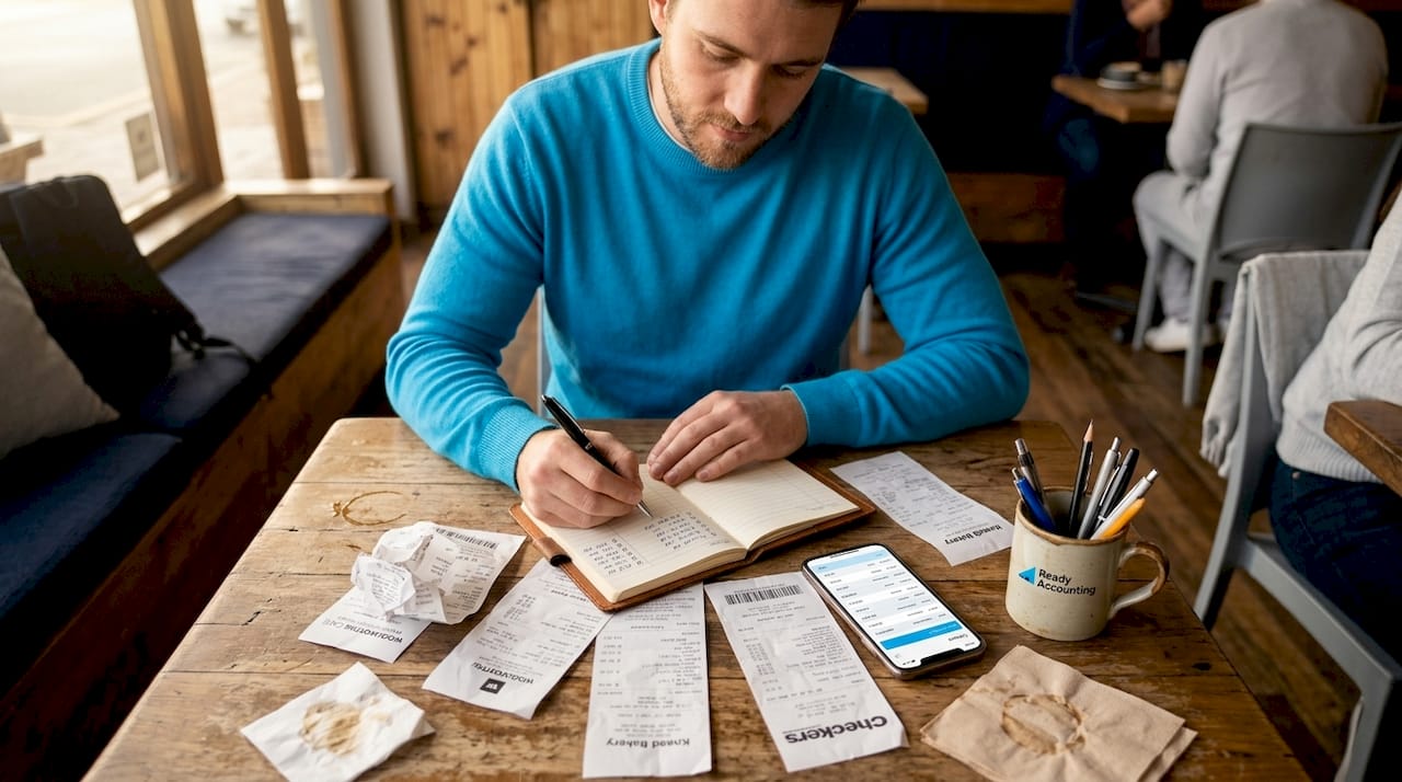 SME owner sorting receipts for bookkeeping