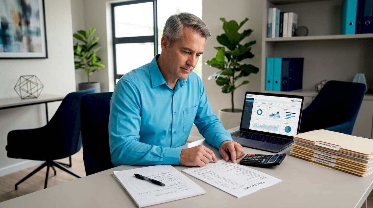 Accountant reviewing trial balance in office
