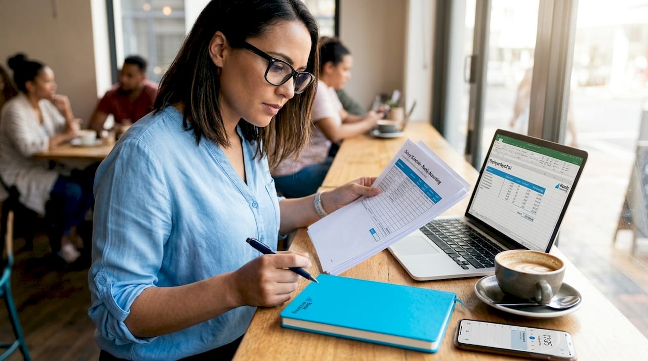 Businesswoman reviewing payroll documents at desk