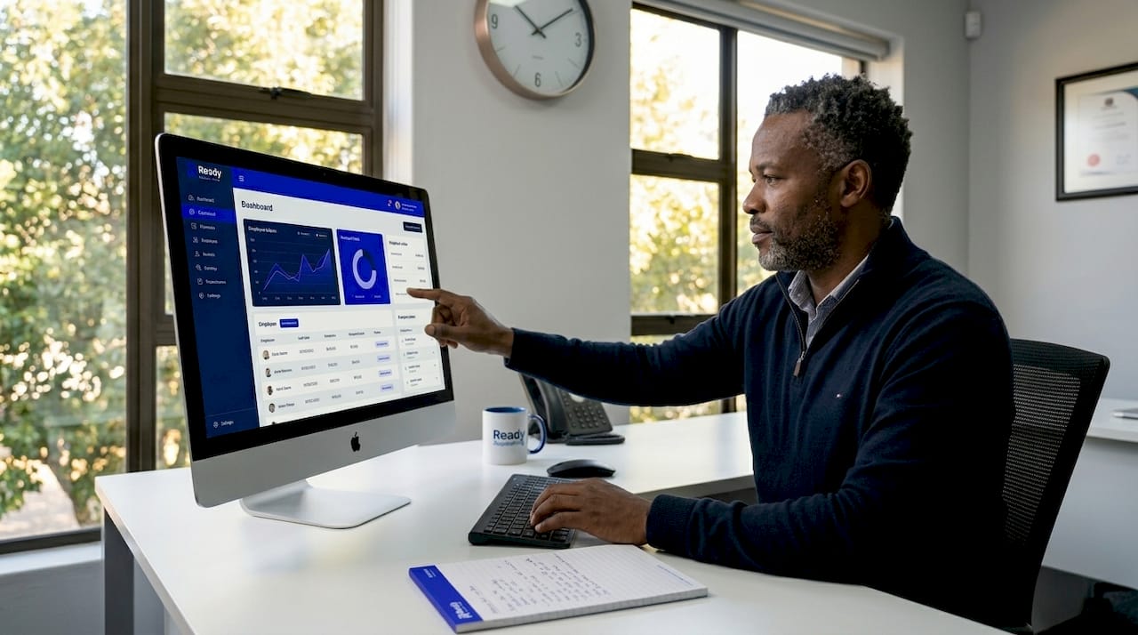 Business owner setting up payroll software on computer