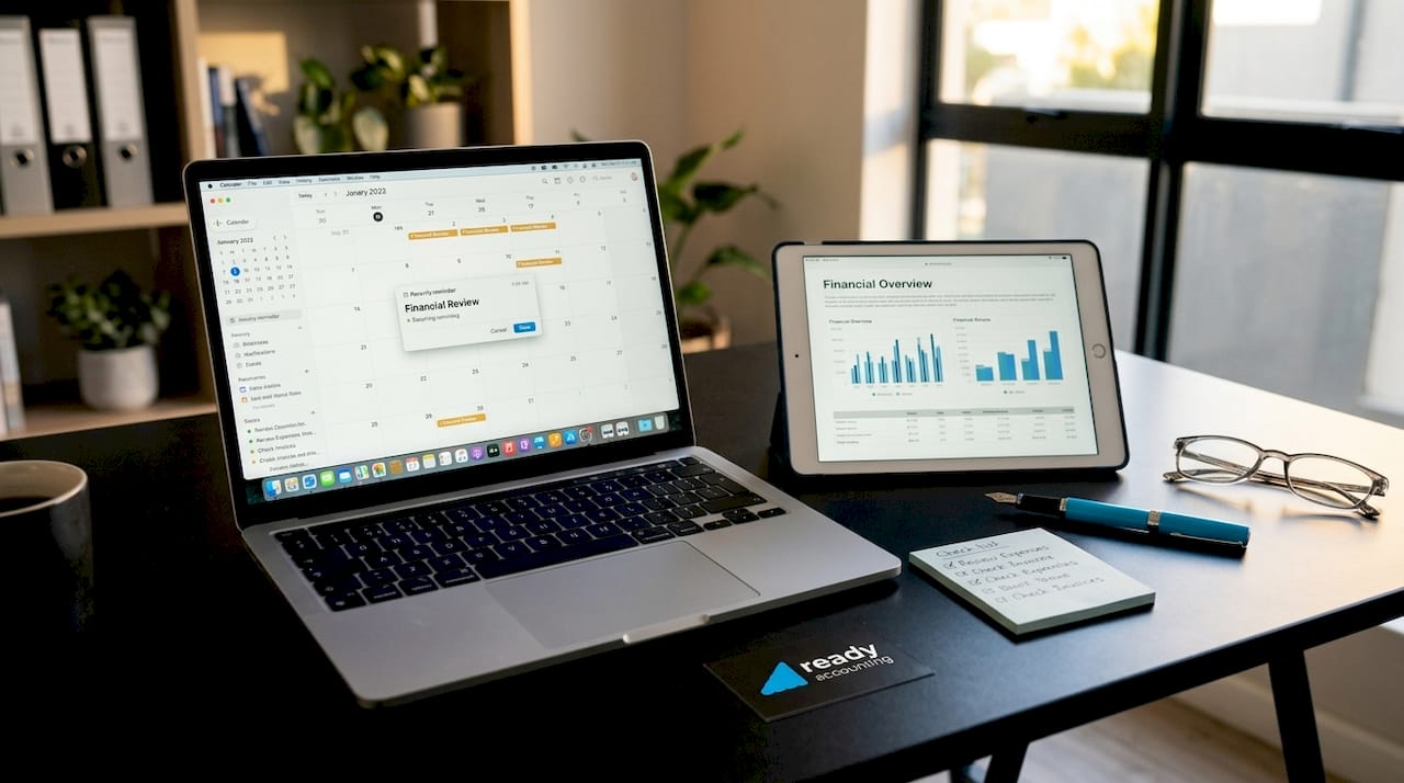 Desk with laptop calendar and Xero dashboard tablet