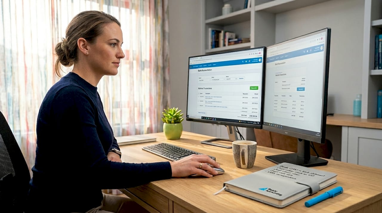 Accountant using Xero on dual monitors in home office