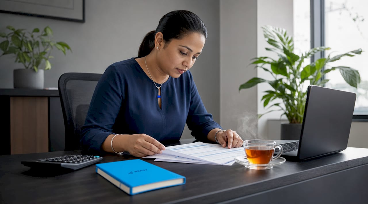 South African businesswoman reviewing payroll compliance documents