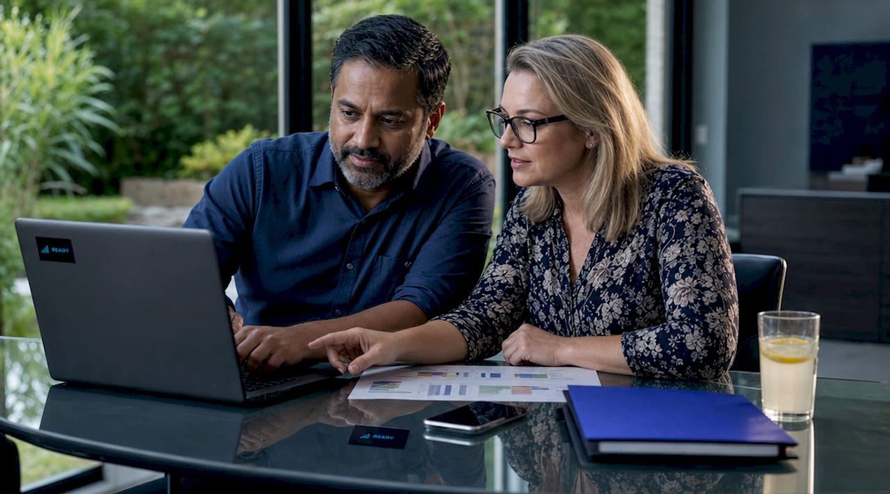 Two professionals discussing payroll software with charts