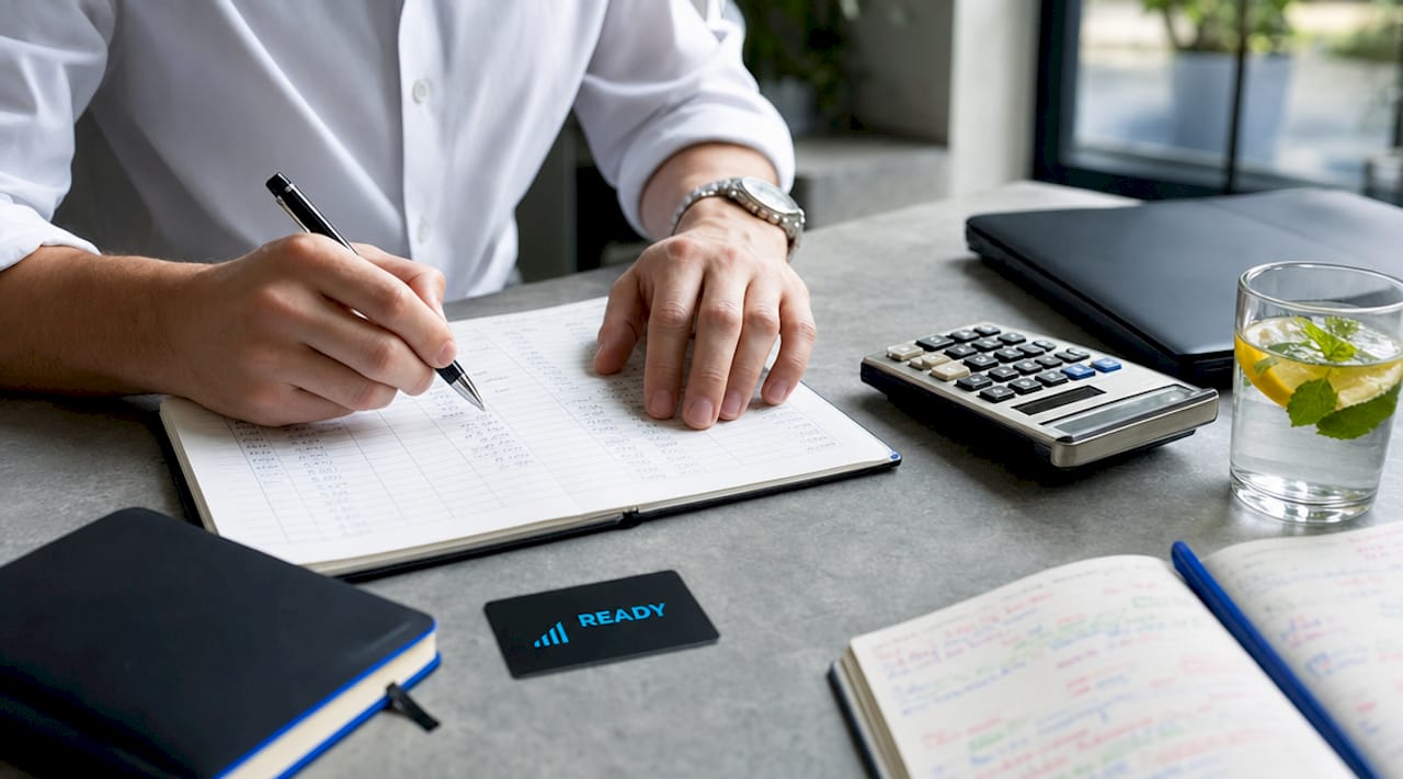 Hands inputting bookkeeping data with calculator