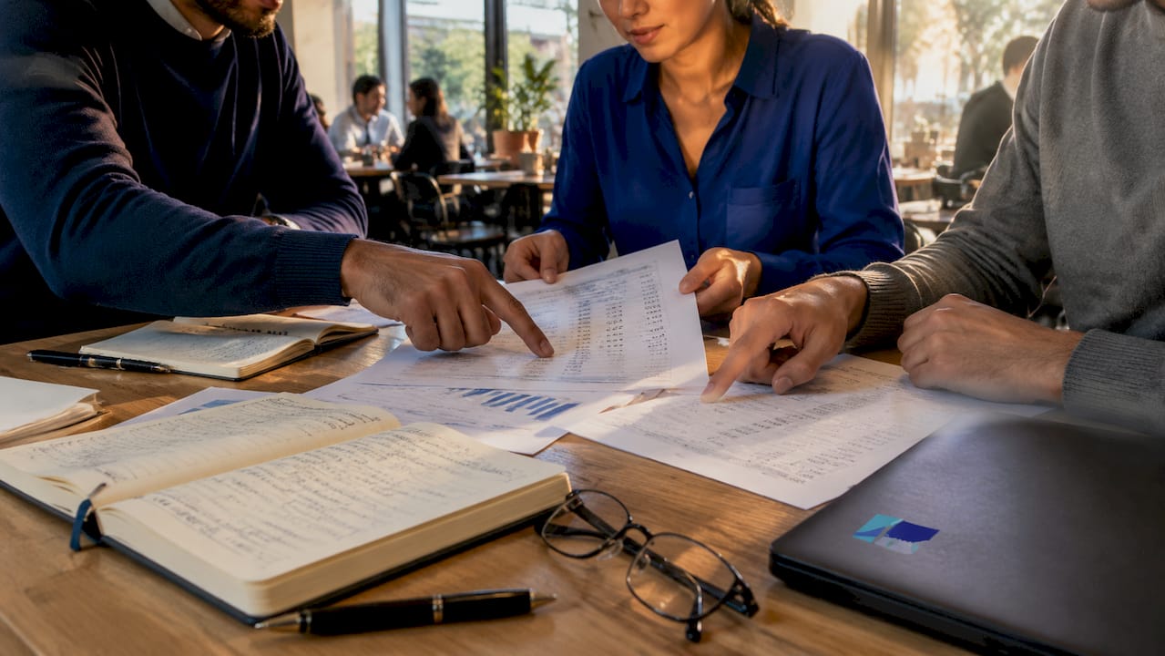Hands auditing financial documents on desk