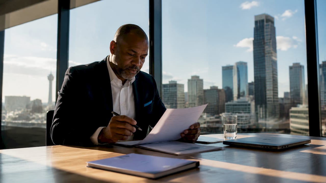 Businessman reviewing tax documents in office