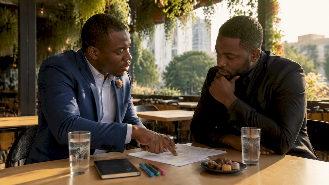 Business partners discussing share and asset sale